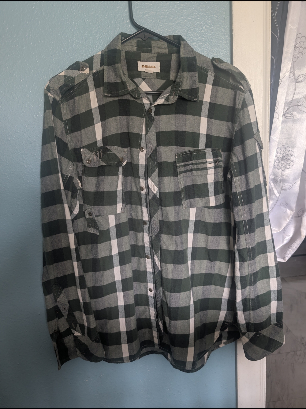 Diesel Men’s Green and White Plaid Button-Up Shirt